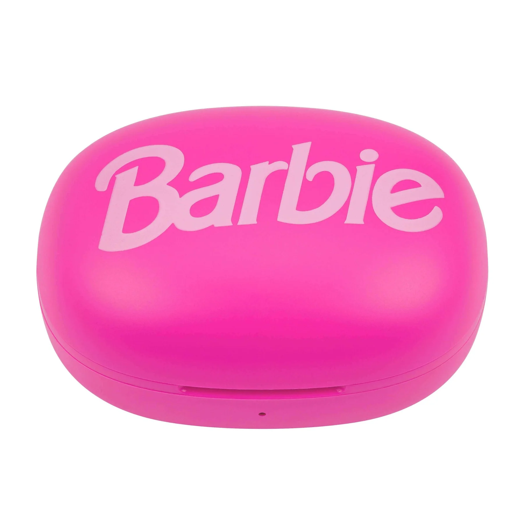 Roze Barbie-oortelefooncetui. Het woord 'Barbie' staat in witte letters op de bovenkant.