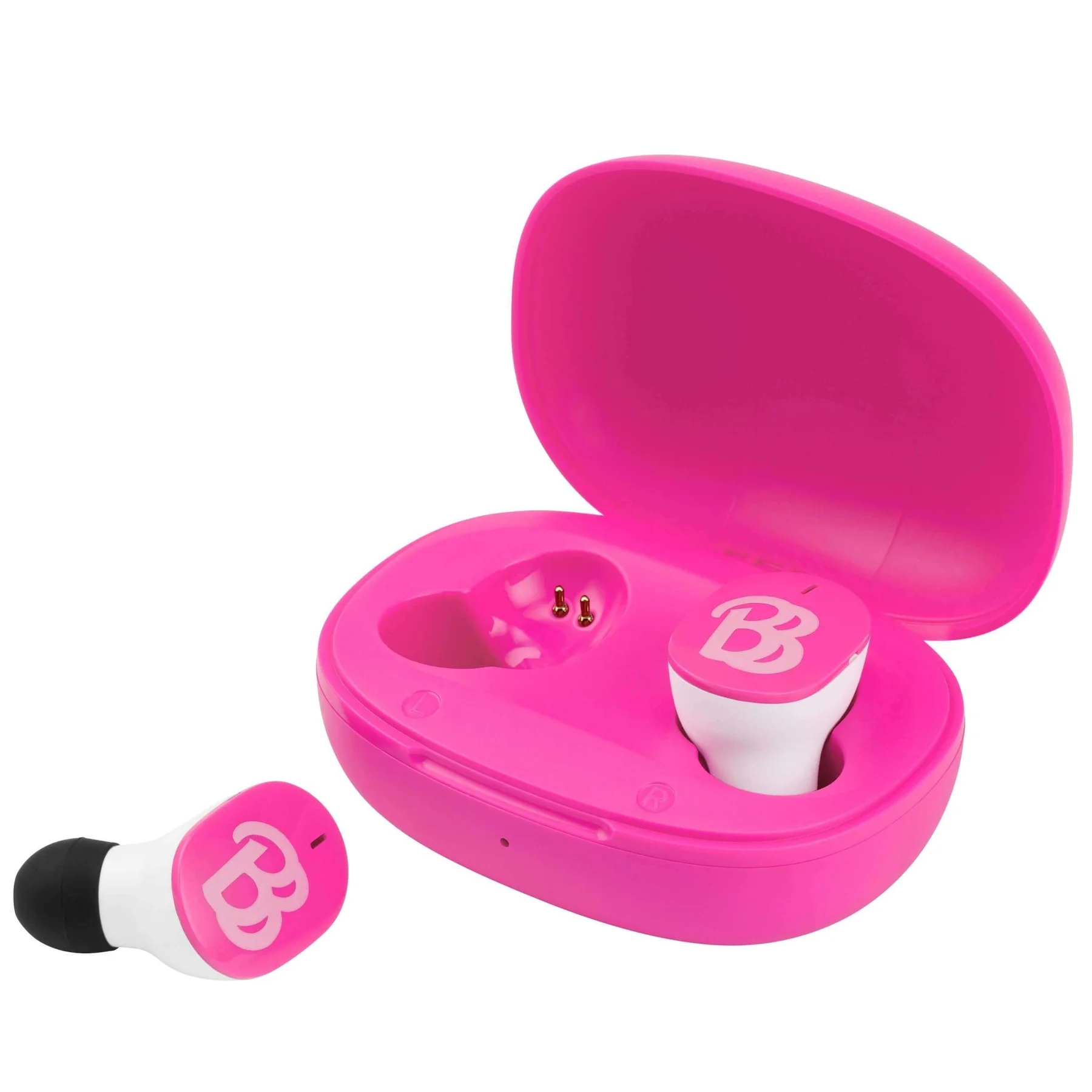 Roze oordopjes en oplaadcase, witte accenten, 'B' logo, roze achtergrond.