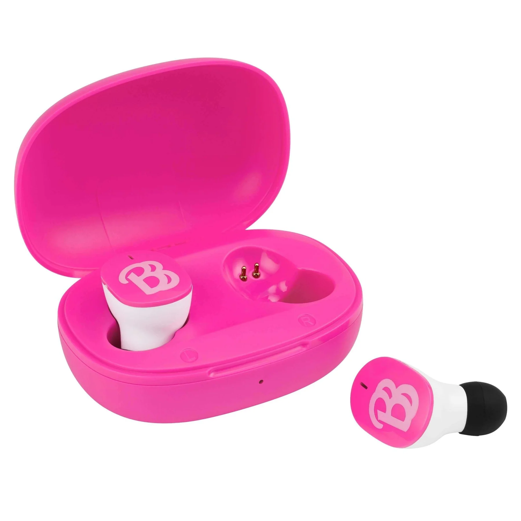 Een roze oortelefoonhoesje met oortelefoons. Eén oortelefoon ligt buiten de hoes.