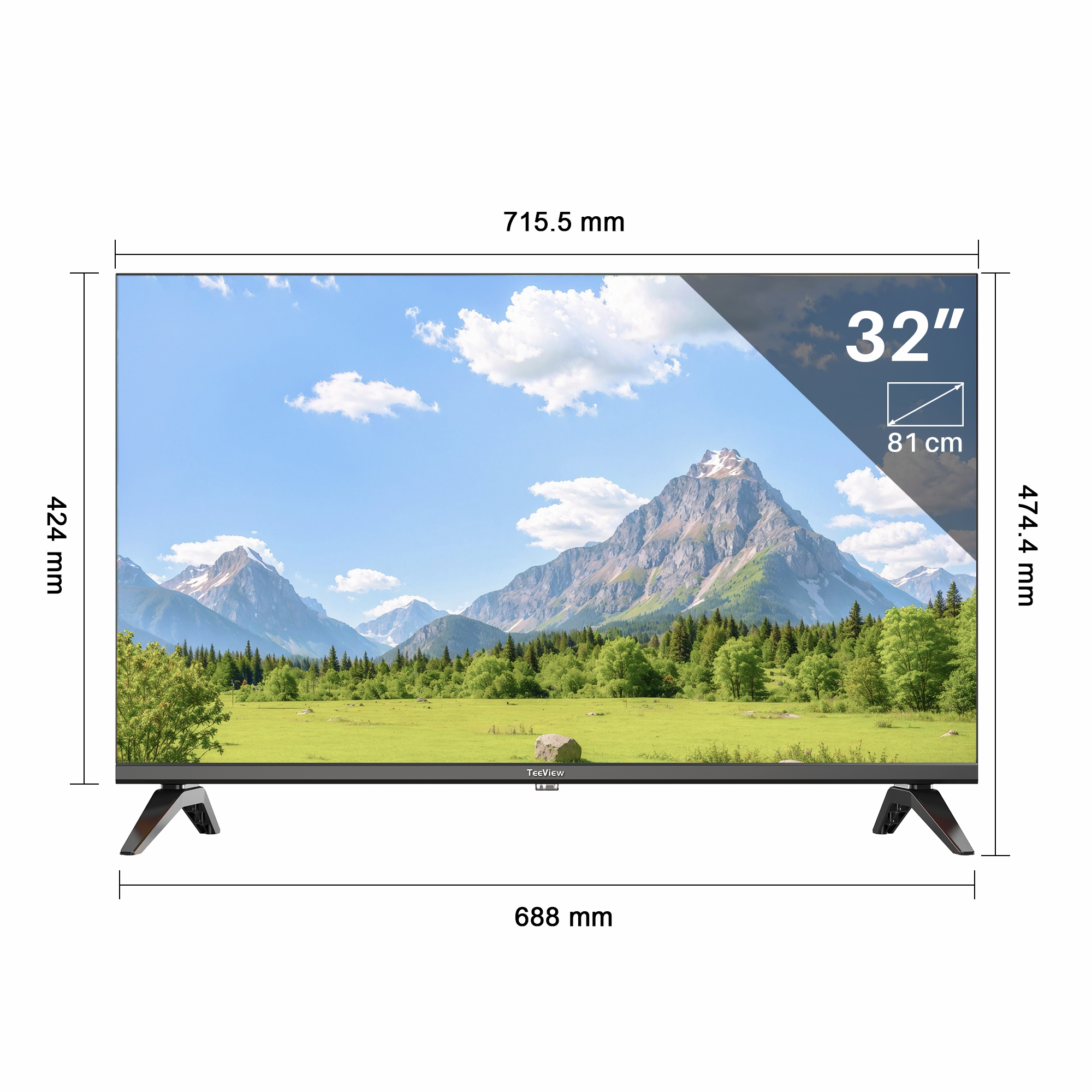 Een 32-inch tv met dimensionale markeringen. Het scherm toont een berglandschap. Achtergrond: wit.