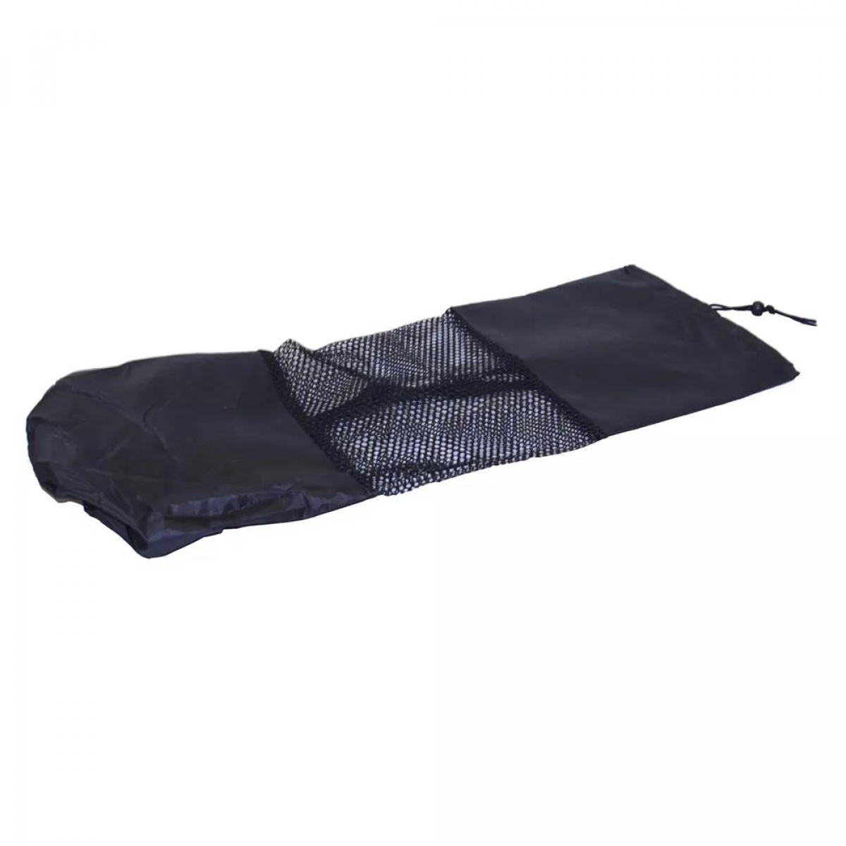Sac en filet noir. Il est ouvert et à plat. Il a un cordon de serrage.