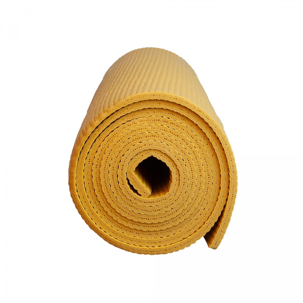 Rolled up yellow yoga mat on a white background. The mat is tightly rolled.