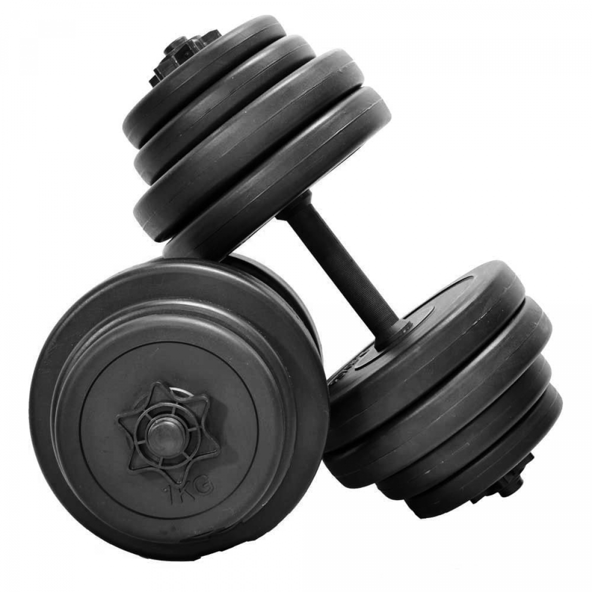 Black dumbbells with weight plates. One dumbbell is at an angle.