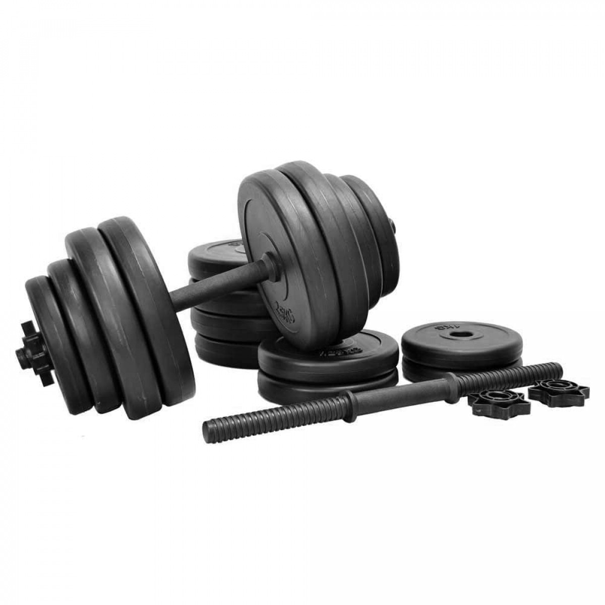 Set of black dumbbells. There are weights and a bar. The weights are round.