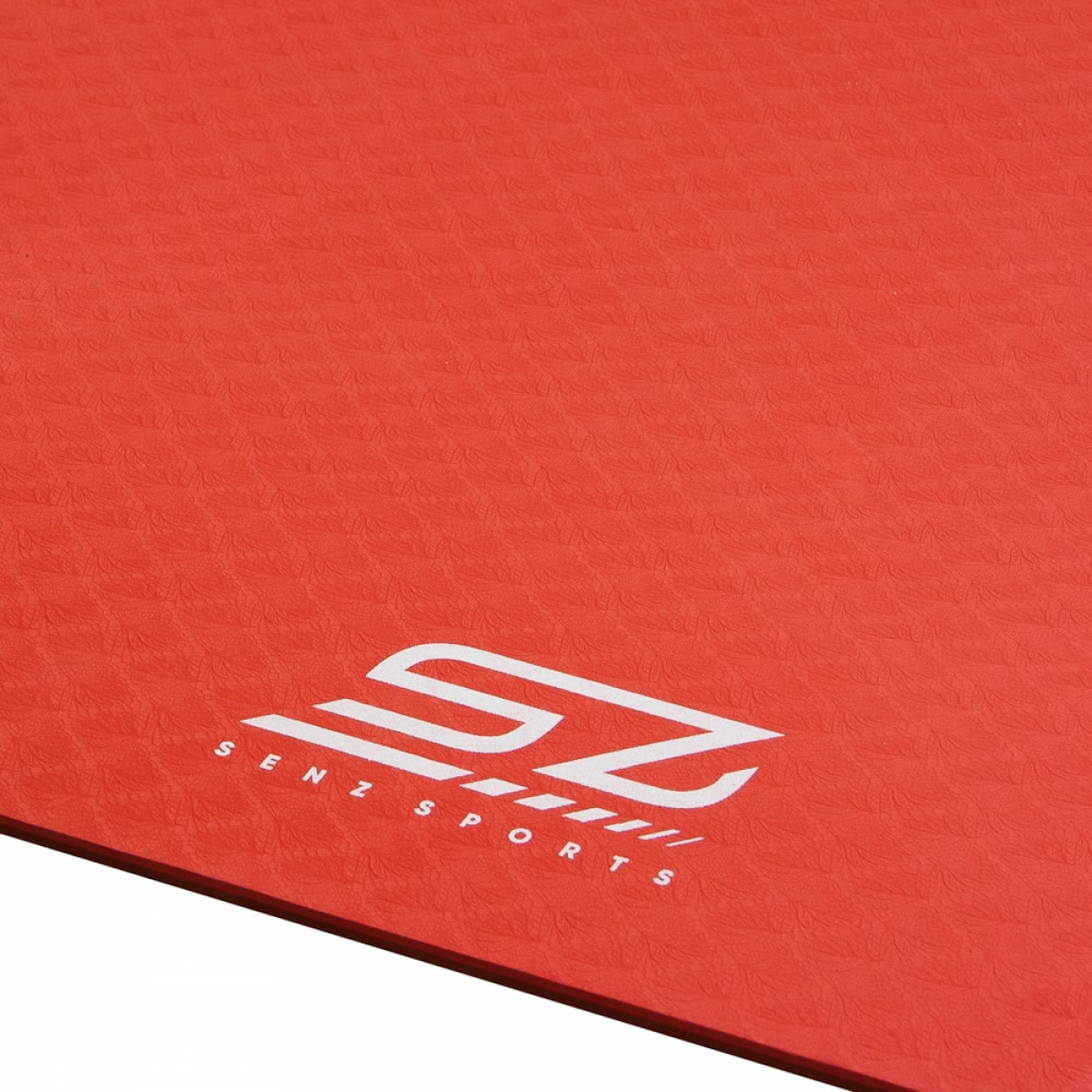 Red exercise mat with white 'SENZ SPORTS' logo.