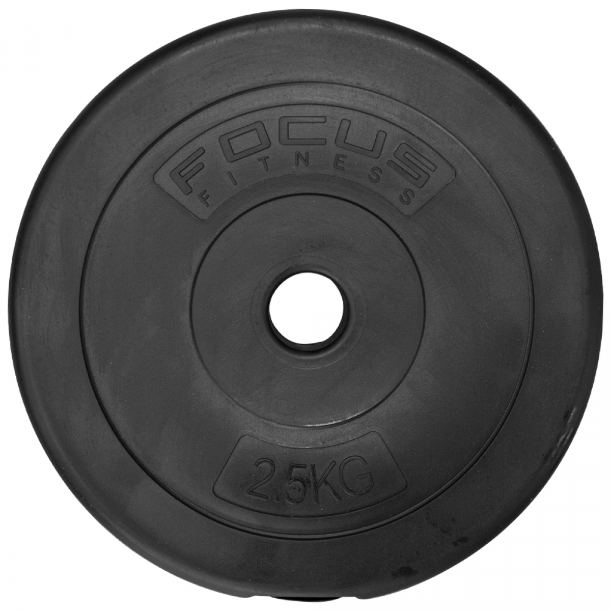 A black weight plate with the text 'FOCUS FITNESS' embossed, and '2.5 KG' below it.