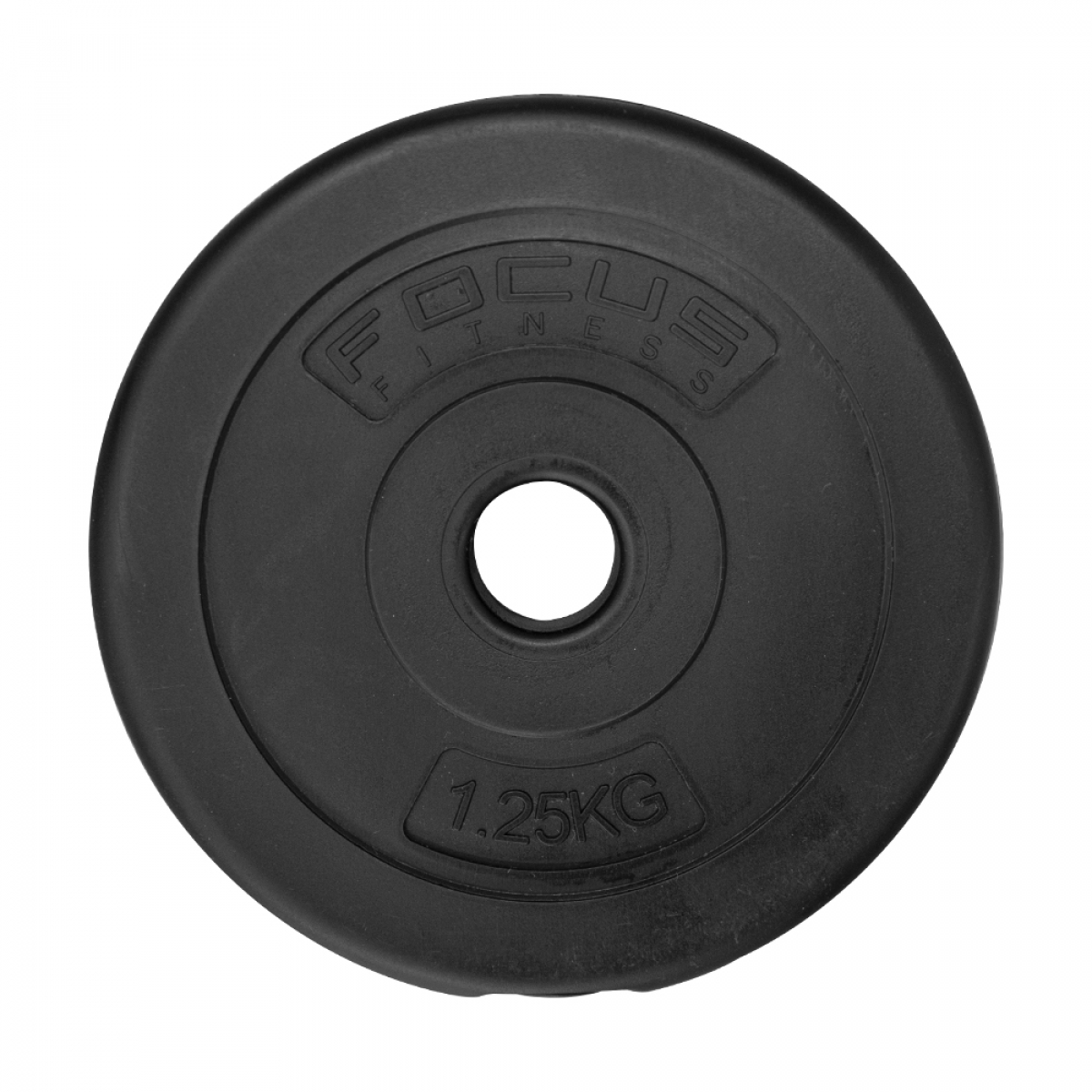 Black weight plate with a hole in the middle and the text 'FOCUS FITNESS' on it.