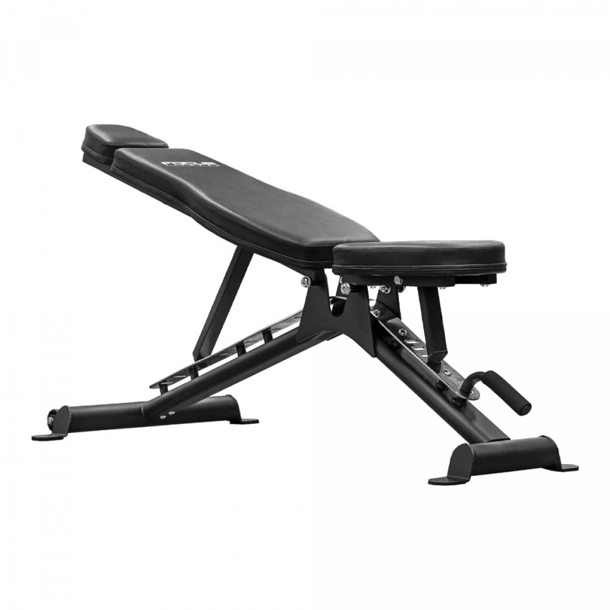 Black adjustable weight bench, with black handles and legs, white background.