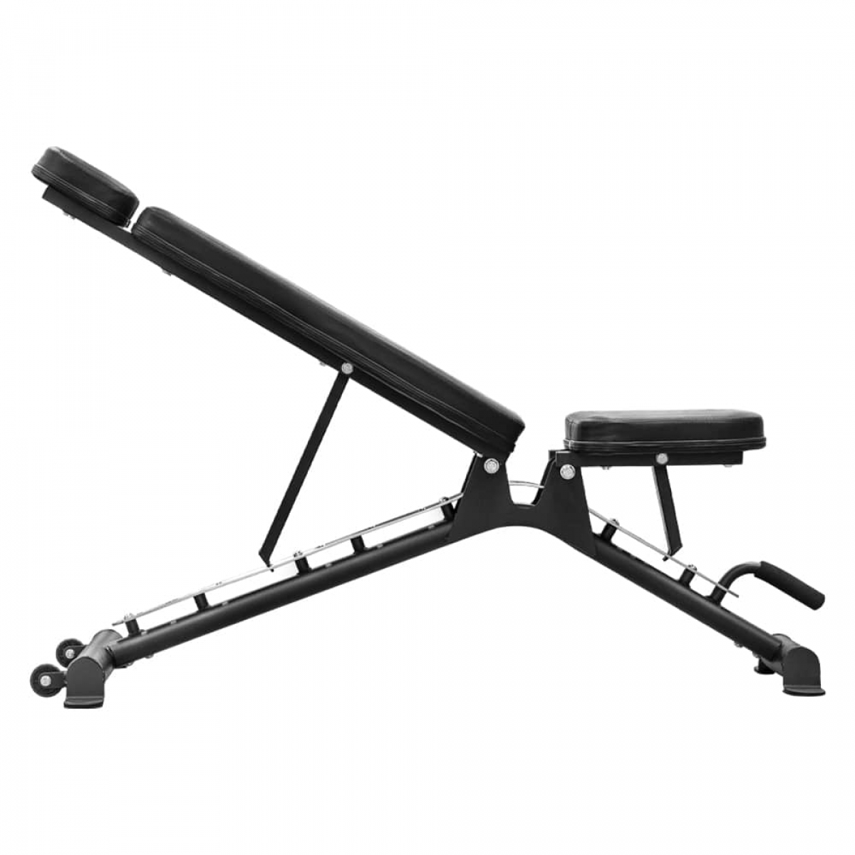 A black adjustable weight bench with support bars and wheels on a white background.