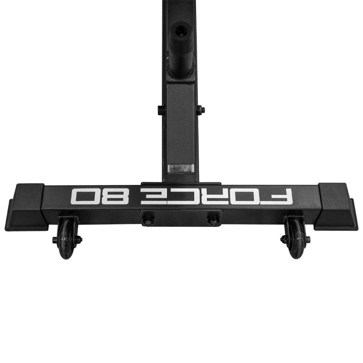 A black weight stand. The base has wheels and the words "FORCE 80" are visible.