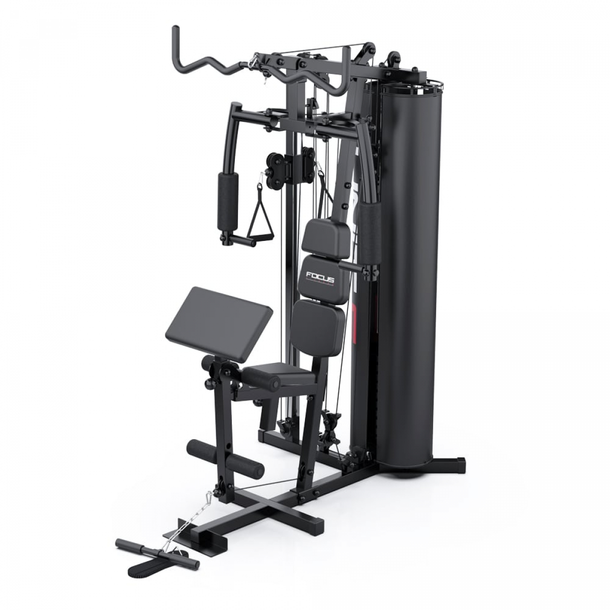 Zwarte en grijze multi-gym machine met verschillende trainingsstations.
