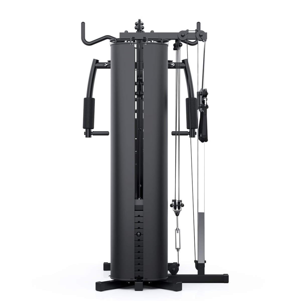 Een zwarte multi-gym machine op een witte achtergrond. De machine bestaat uit metalen stangen.
