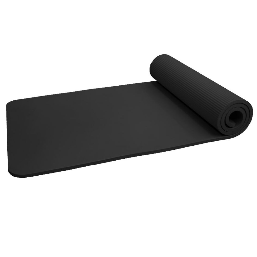 Tapis de yoga noir enroulé, montrant la face supérieure avec une surface noire et un fond blanc.