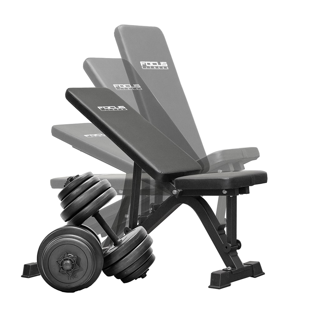 A weight bench with dumbbells. The bench is adjustable at different angles.