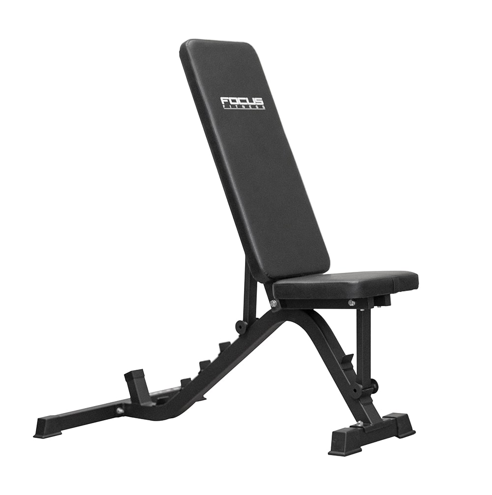 Black adjustable weight bench. Black cushion and frame. The background is white.