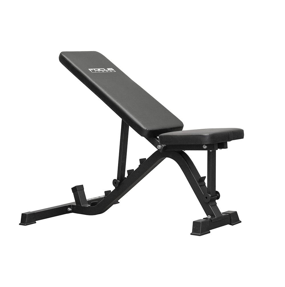 Black weight bench with black seat and backrest, black metal legs and a white background.