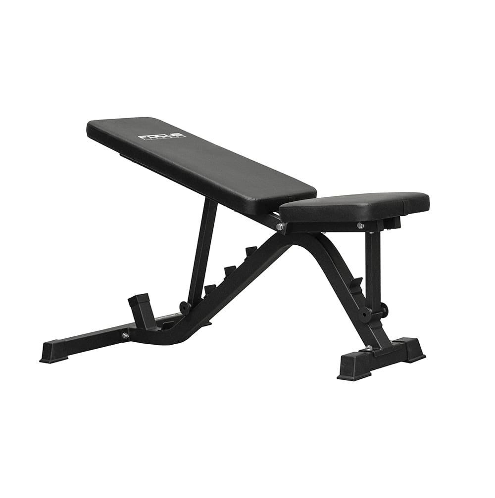 Black adjustable weight bench. It has an angled backrest and a seat. The bench has black legs.