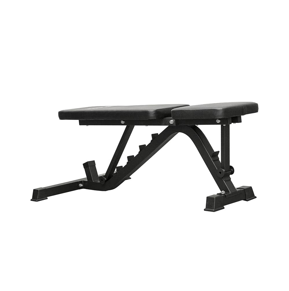 Black adjustable weight bench with black supports and frame.