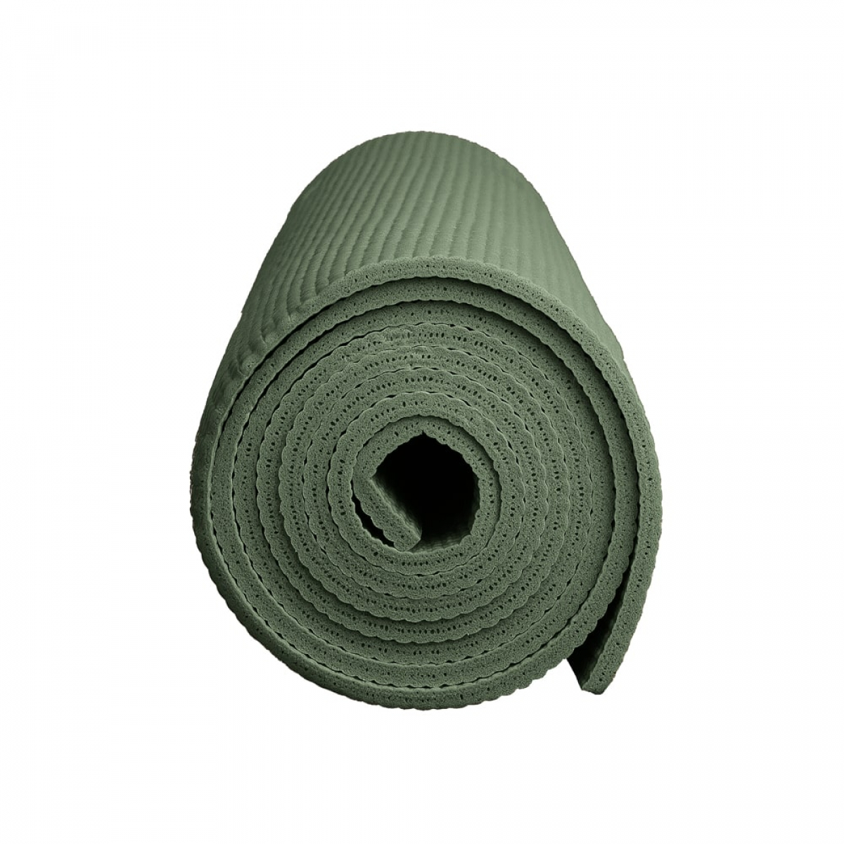 Rolled-up green yoga mat on a white background. The end is showing the texture of the mat.