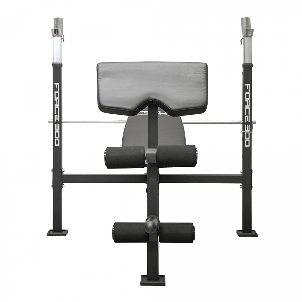 Banc de musculation avec logo Force 300. Cadre noir, siège gris et supports de barre.