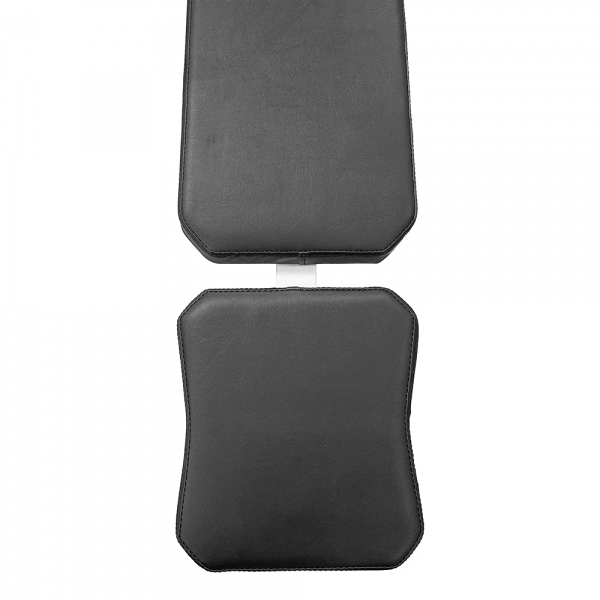 Two black padded cushions, one above the other, on a white metal frame, for a gym bench.