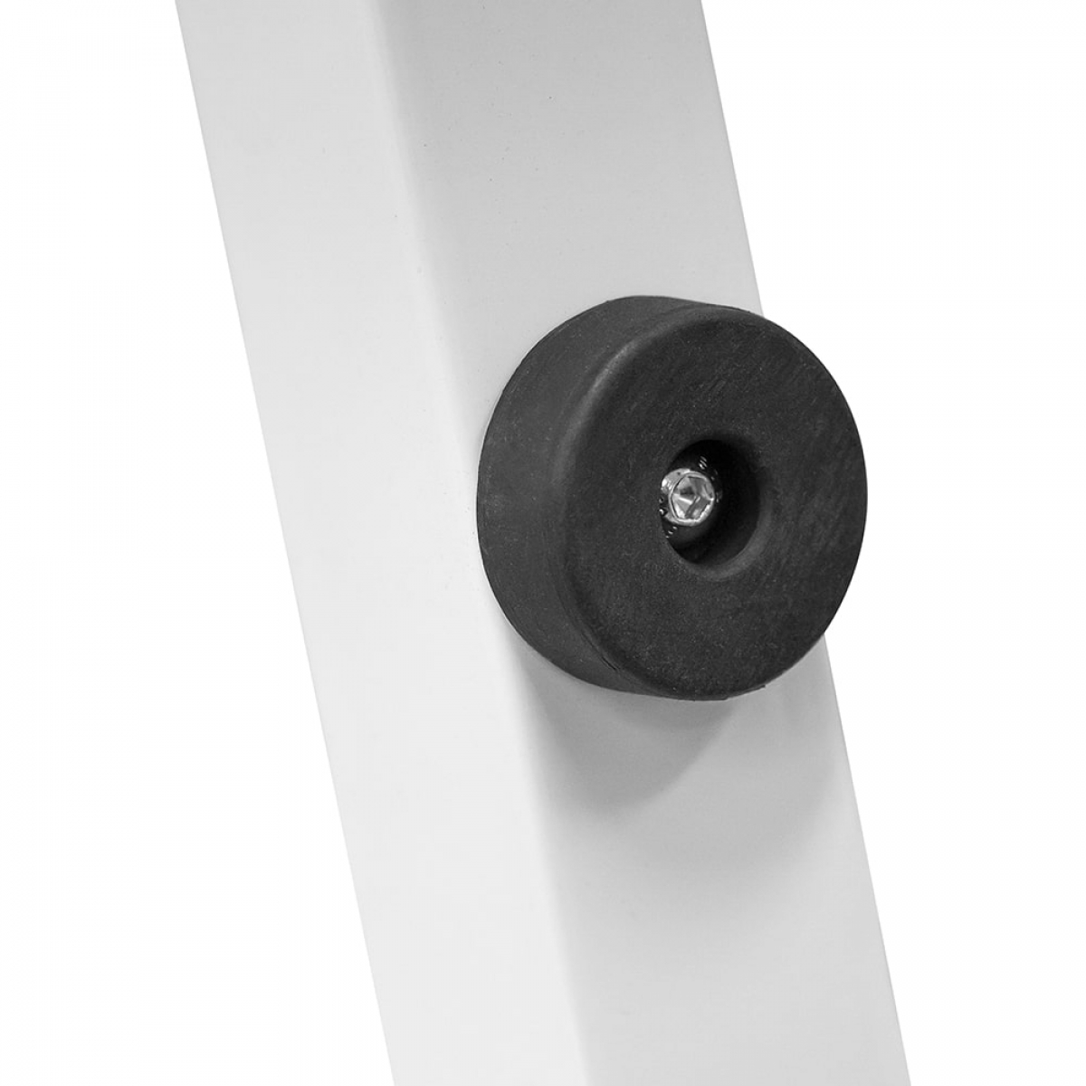 Black rubber foot on a white stand with a screw in the middle.