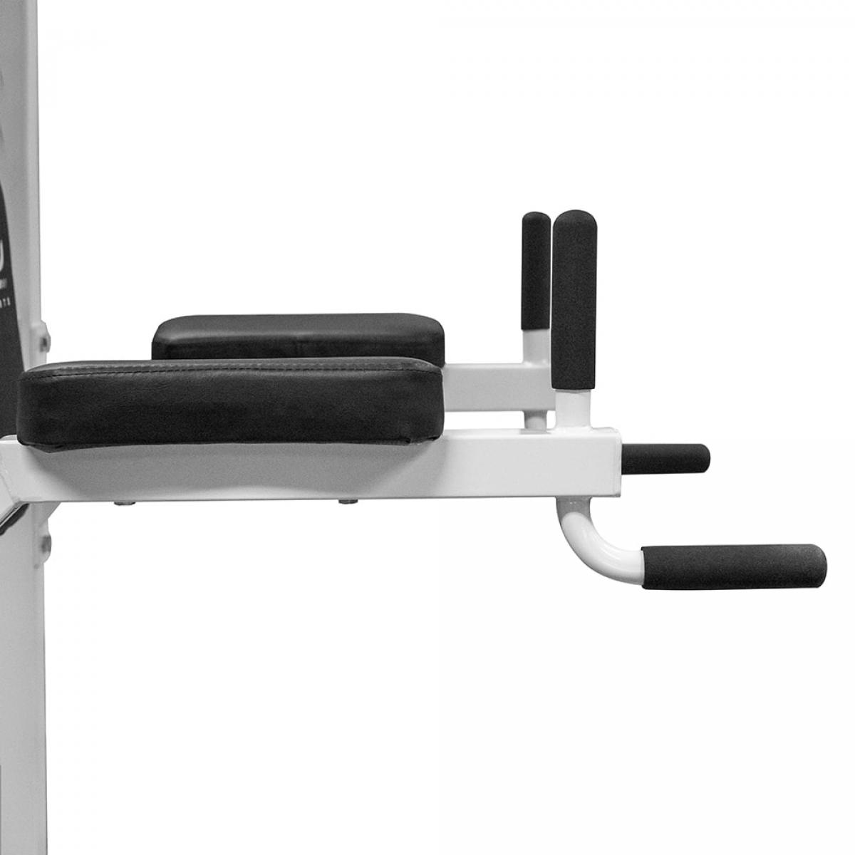 Fitnessapparatuur met zwarte vulling en wit en zwart frame. Dip bars zijn aanwezig.