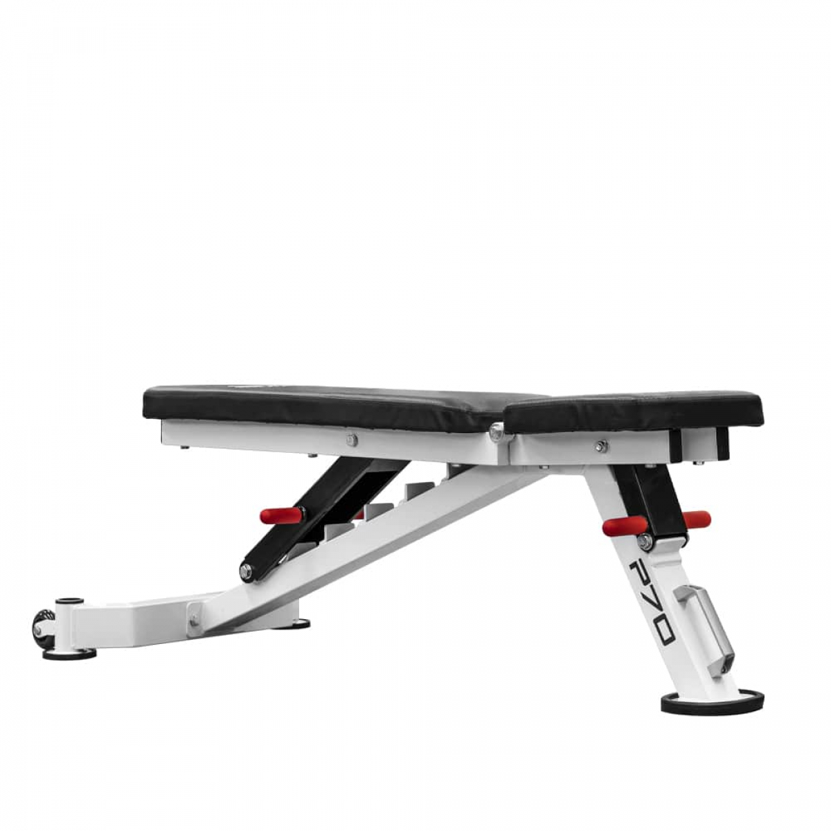 White and black weight bench with a black seat, red adjustments, and a white background.