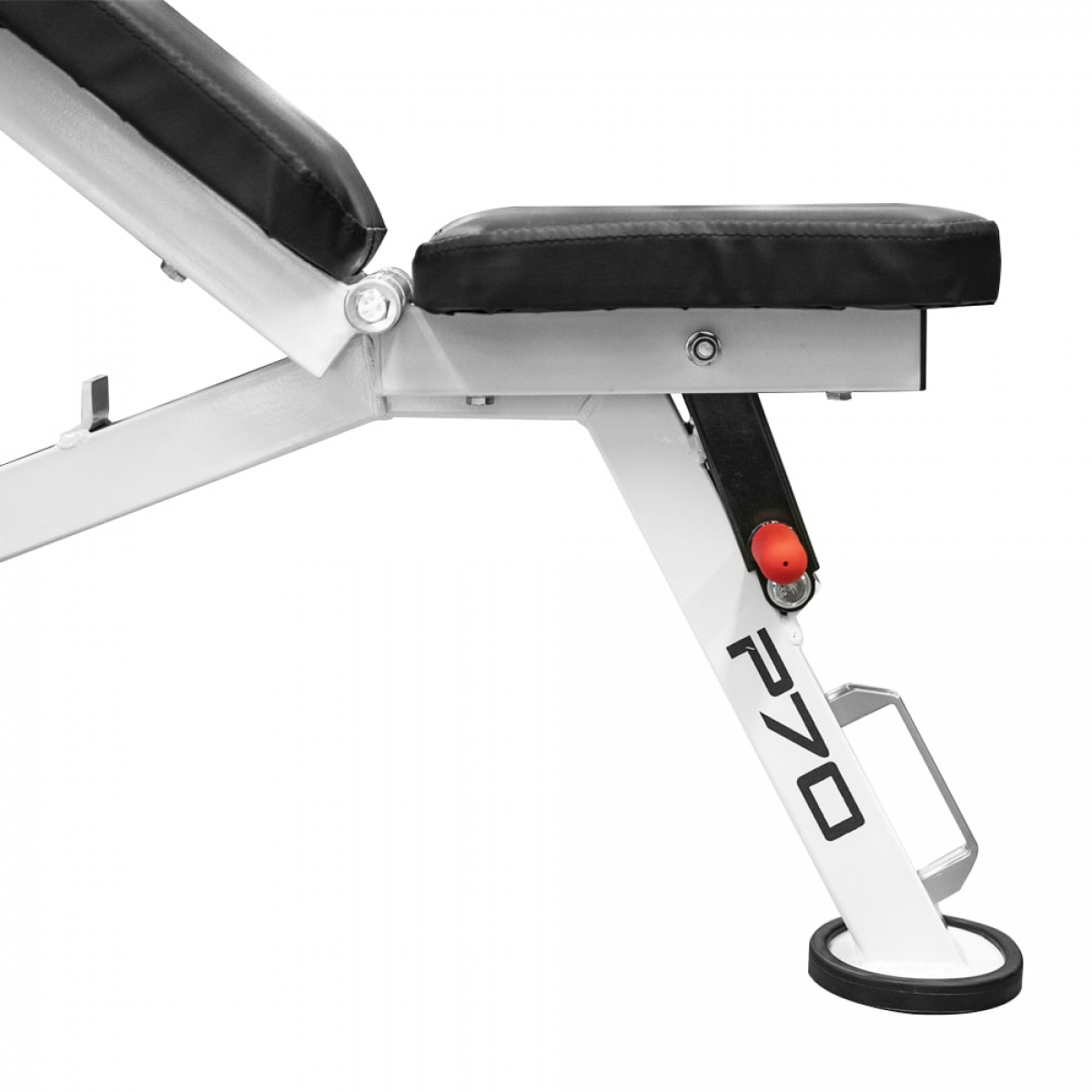 White and black adjustable bench, with red adjustment knob and F70 label.