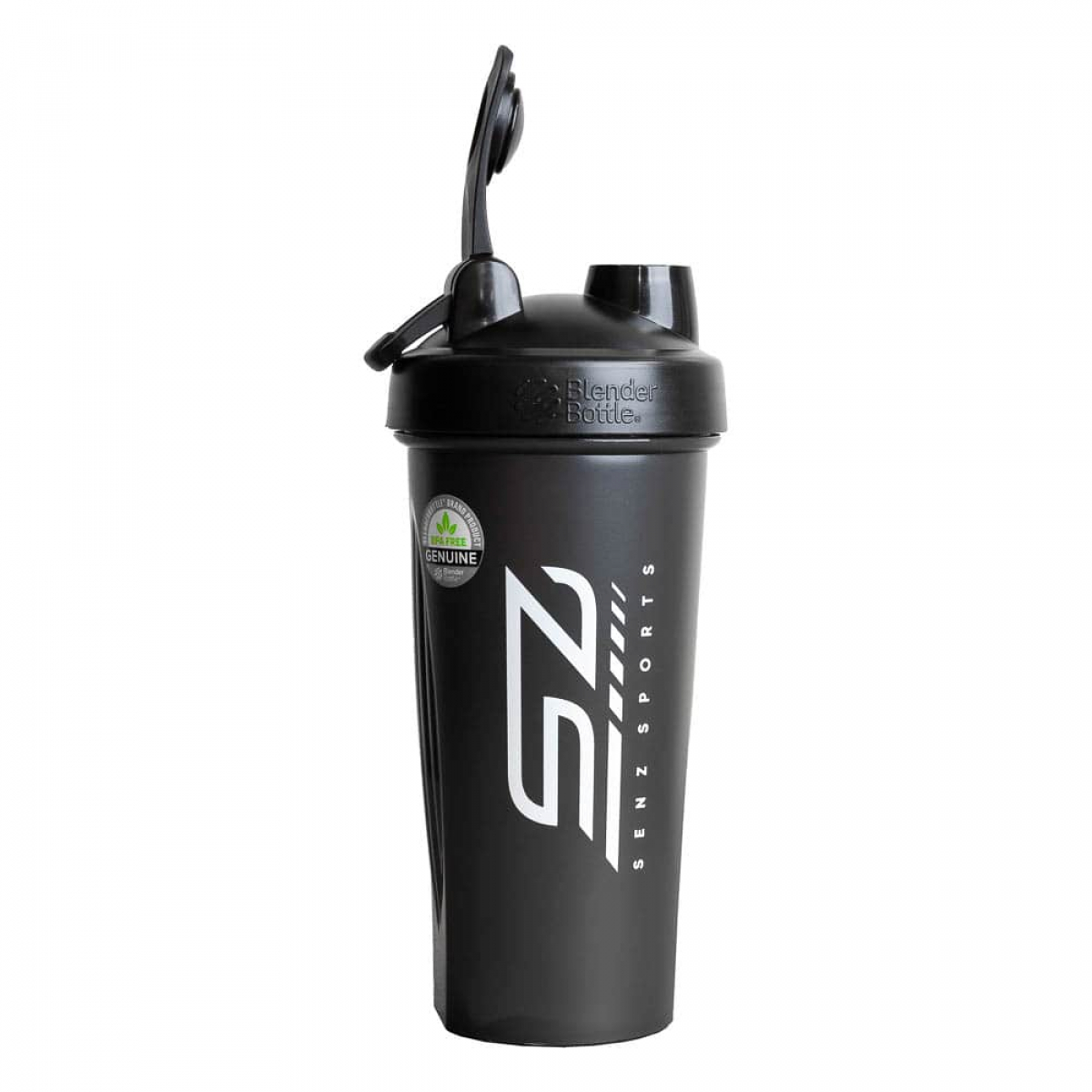 Zwarte shakerfles met wit SENZ SPORTS logo, zwarte deksel.