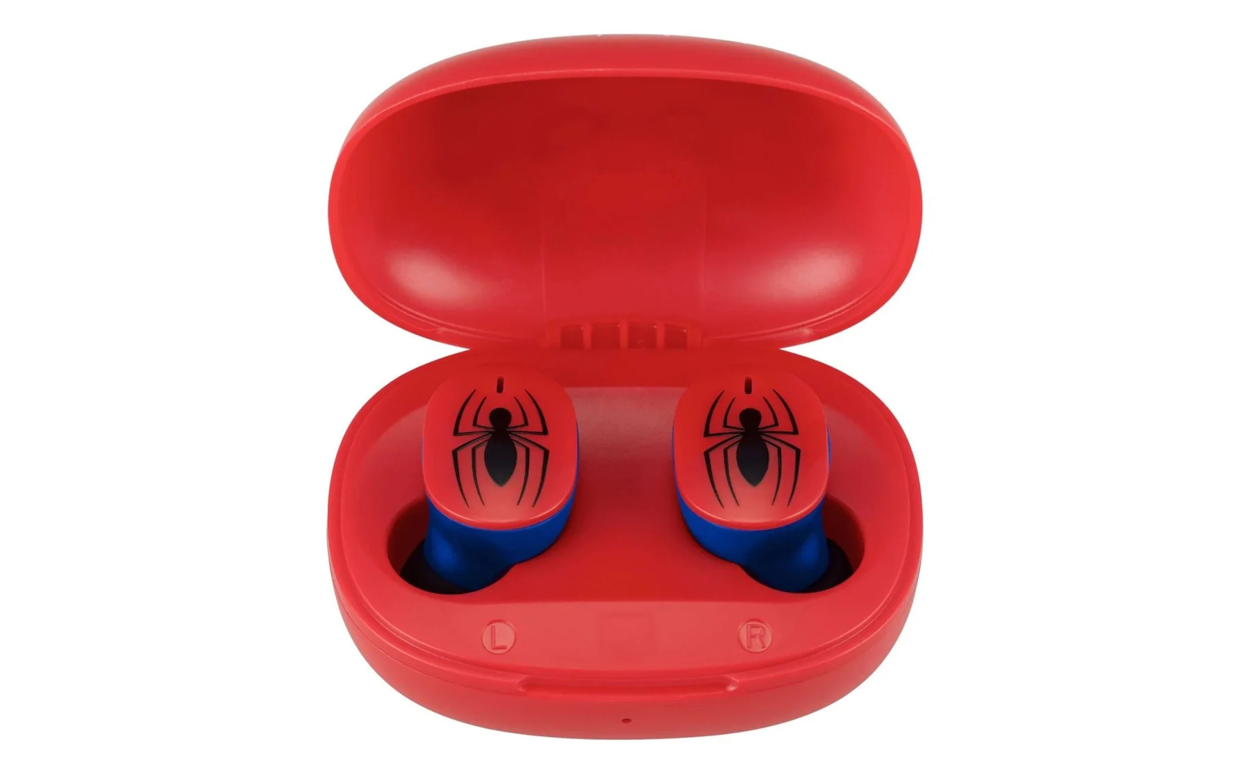 Rode Spiderman-oortelefoons in een rode oplaadcase. Elke oortelefoon heeft het Spiderman-logo.