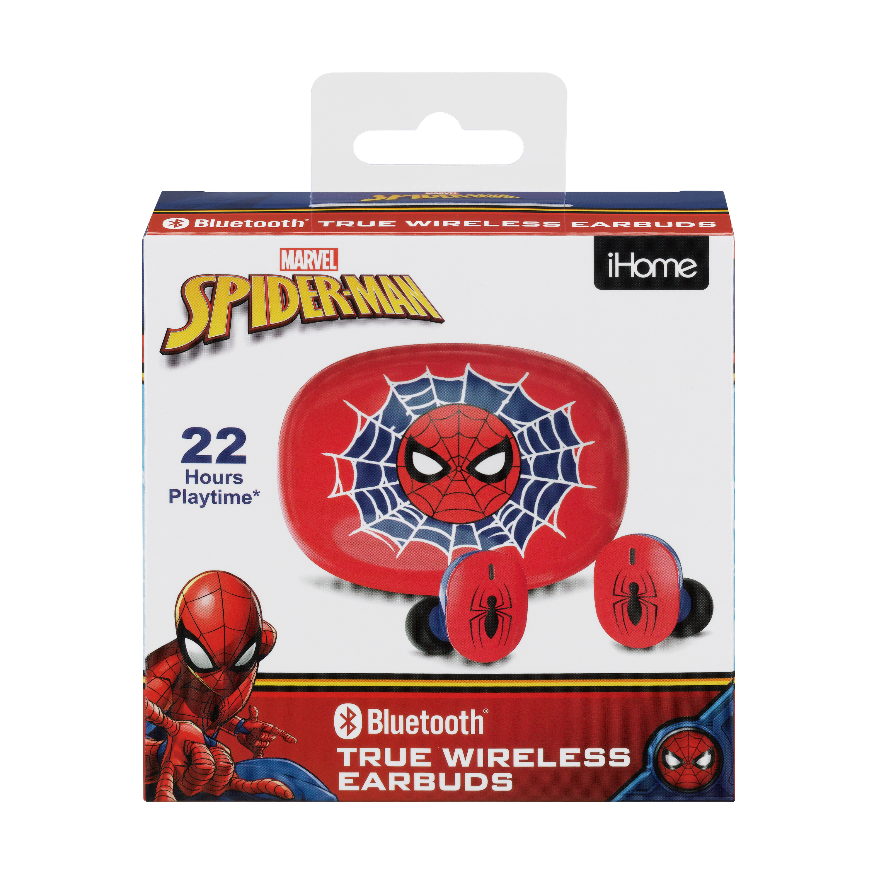 Spider-Man oordopjes in een doos. Rode oordopjes en oplaadcase. Doos zegt 'Spider-Man' en '22 uur speeltijd'.