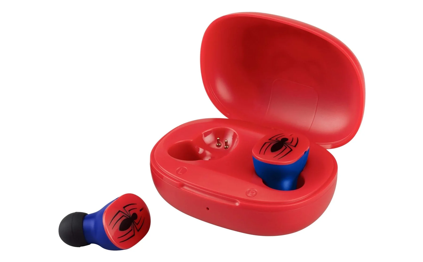Rode Spider-Man oordopjes in een rode case. De oordopjes zijn blauw en rood met een spinnenlogo.
