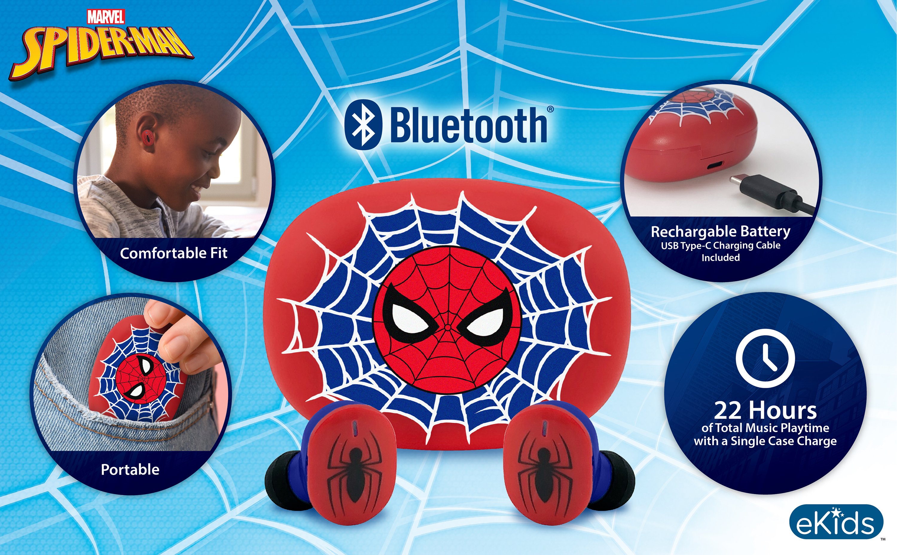 Spider-Man Bluetooth-oordopjes met oplaadcase en afbeeldingen van een jongen.