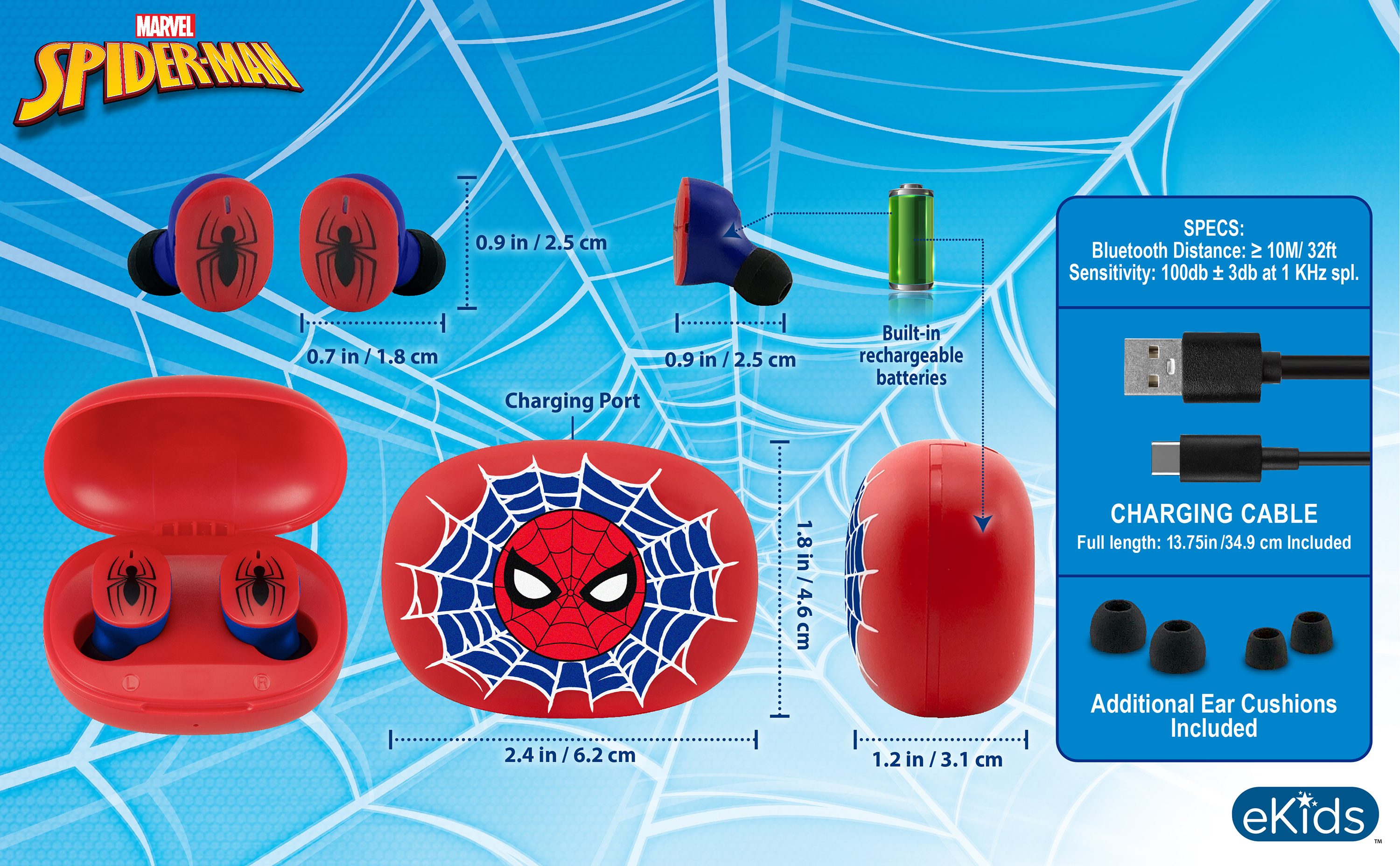 Spiderman-oordopjes en -hoesje. Oordopjes zijn rood en blauw met Spiderman-logo. Specificaties zijn inbegrepen.