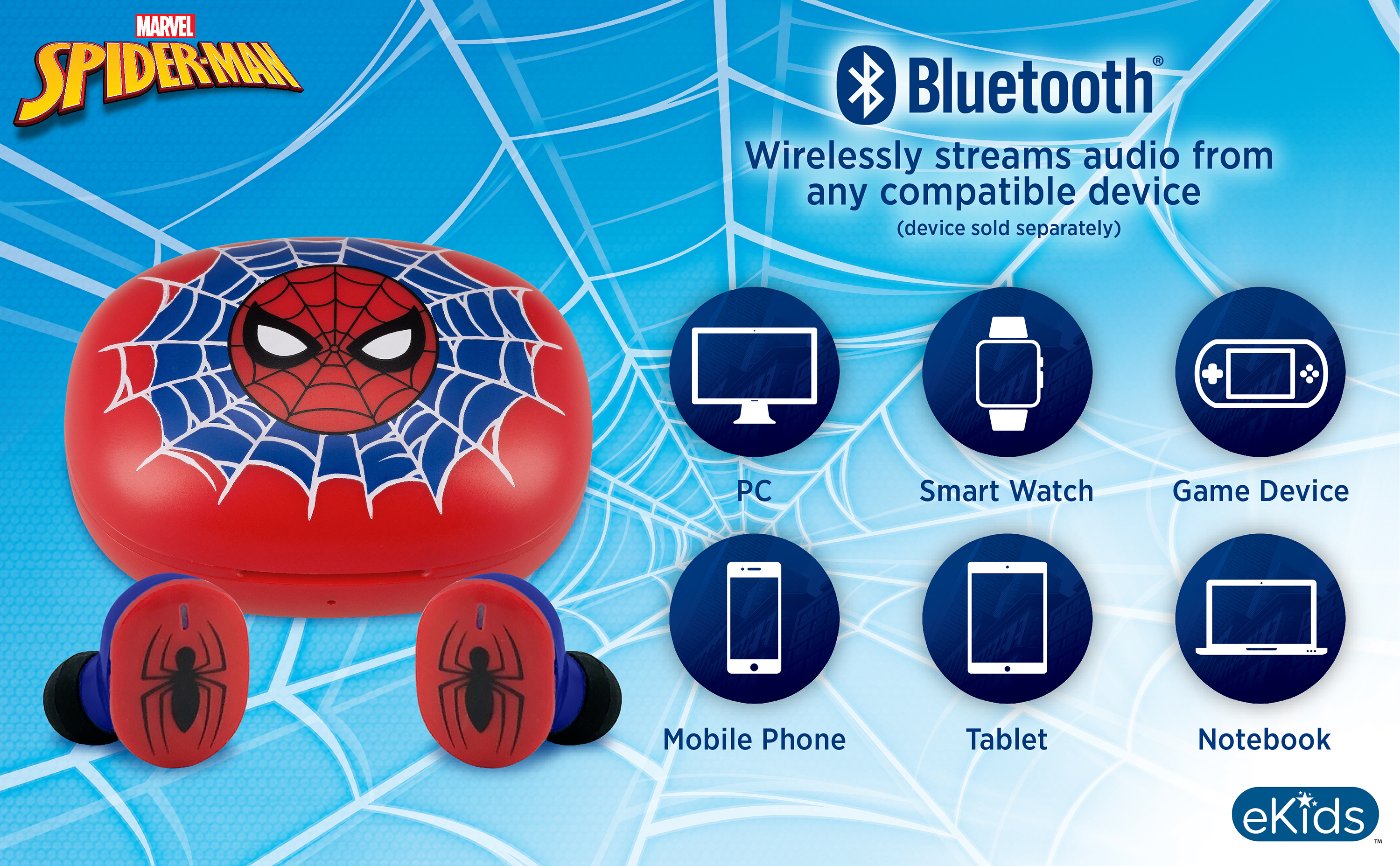 Spider-Man oortjes case en oortjes. Blauw Bluetooth logo en apparaat iconen.