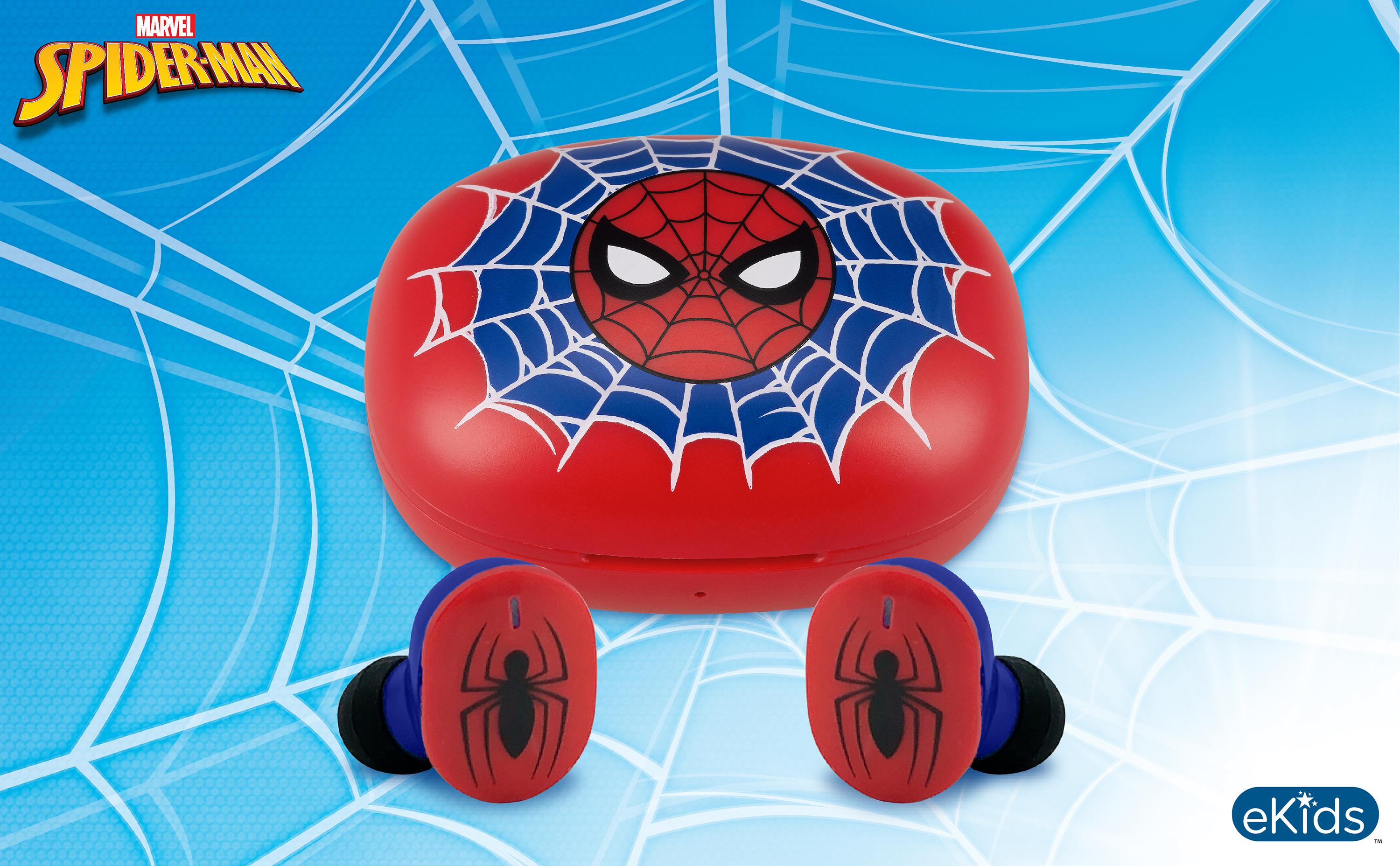 Spider-Man oortelefoons in een rode case, blauwe achtergrond met spinnenwebben. Merk: eKids.