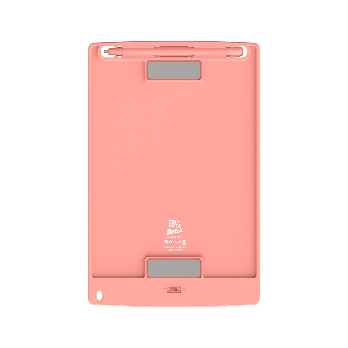 Tavoletta grafica rosa con penna, isolata su bianco.