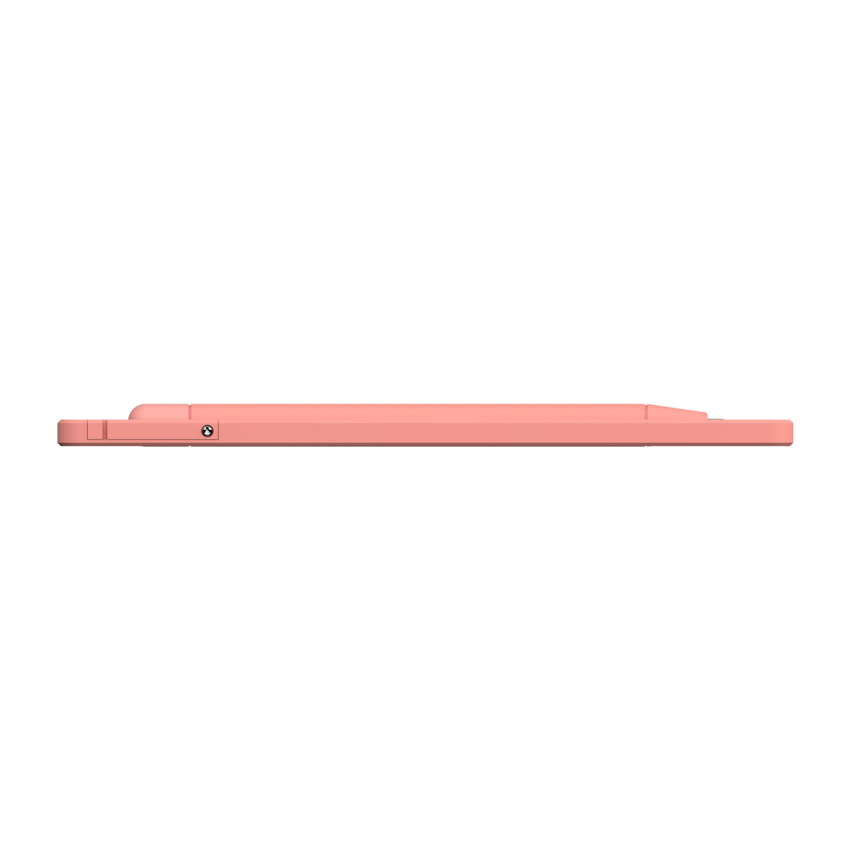 Custodia rosa, rettangolare, sottile, vista laterale, con un piccolo bottone, su sfondo bianco.