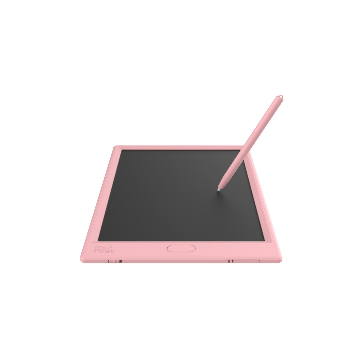 Tablet rosa con schermo nero. Uno stilo rosa è sullo schermo.
