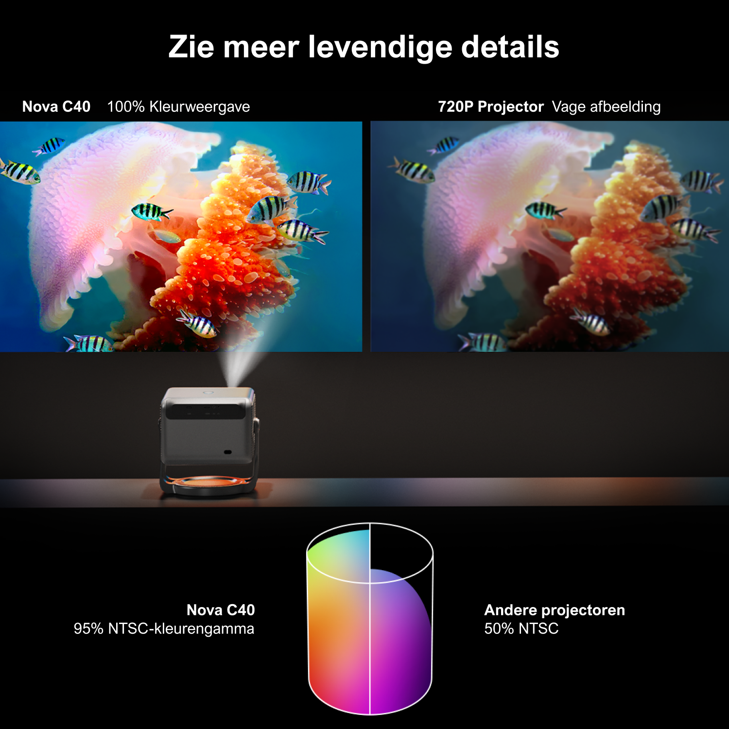 Zij-aan-zij vergelijking van de kleurweergavekwaliteit van twee projectoren.
