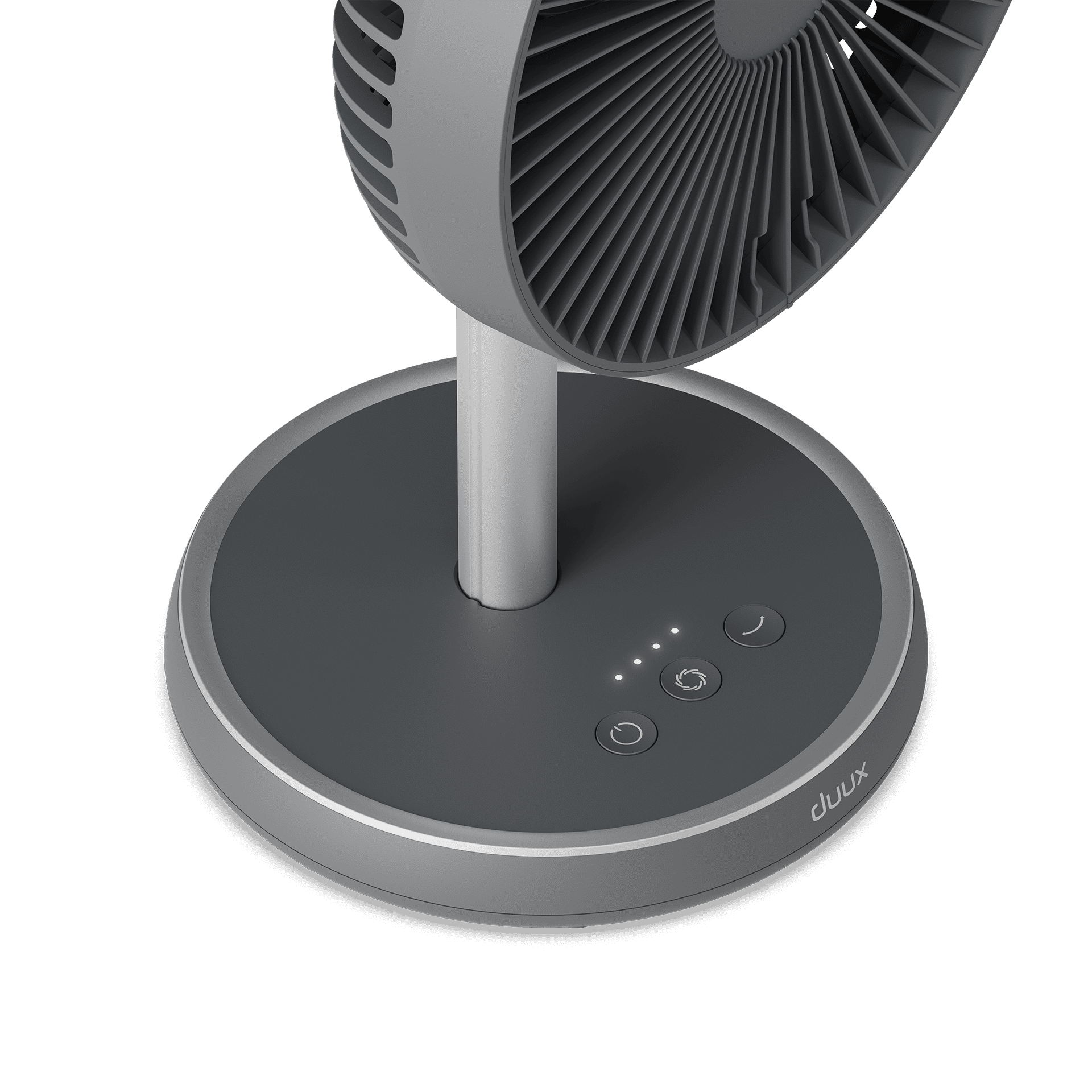 Un ventilador de pie gris con base circular y botones de control.