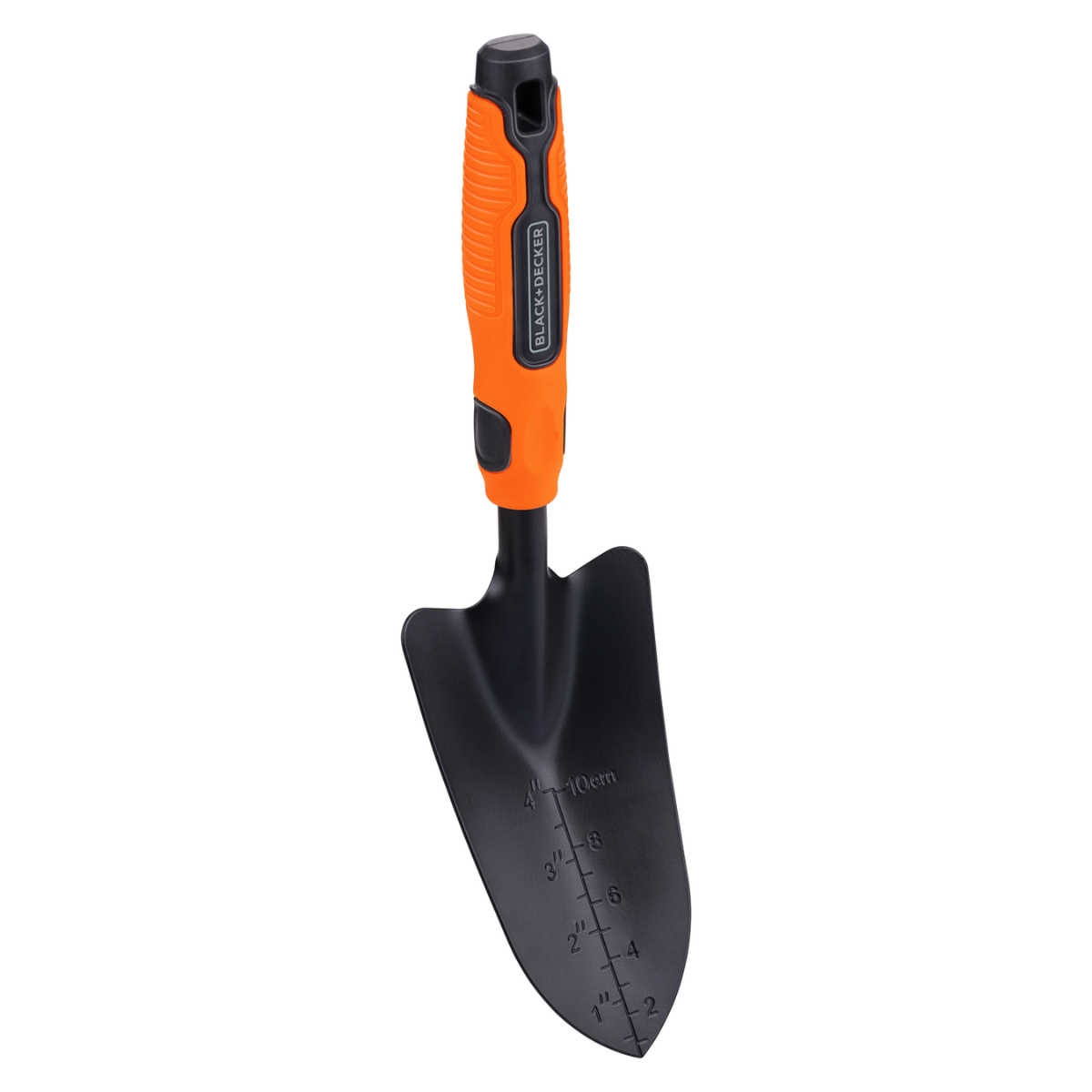 Zwarte en oranje troffel met meetmarkeringen op het blad, op een witte achtergrond.