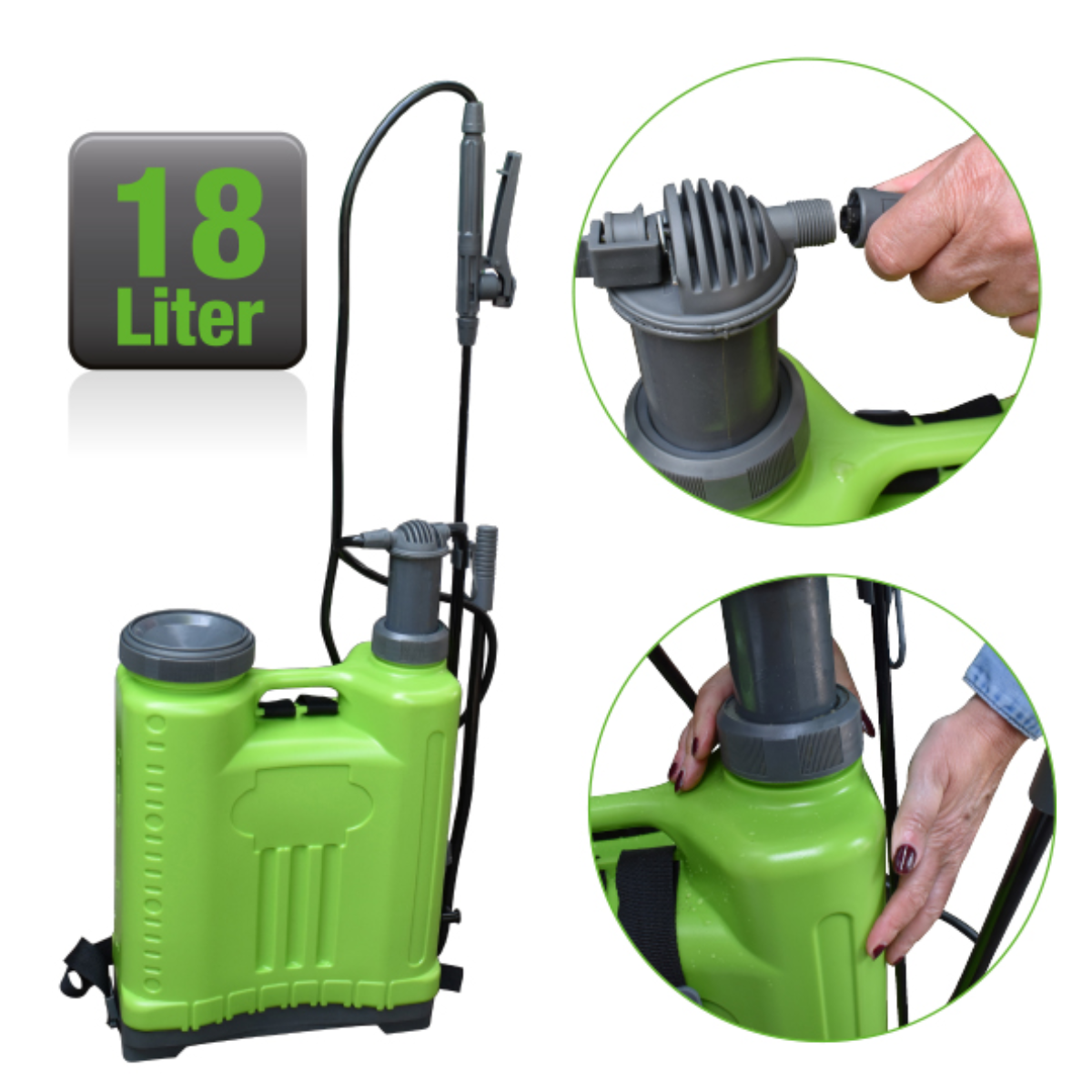 Groene 18-liter sproeier met details van de pomp en aansluitingen.