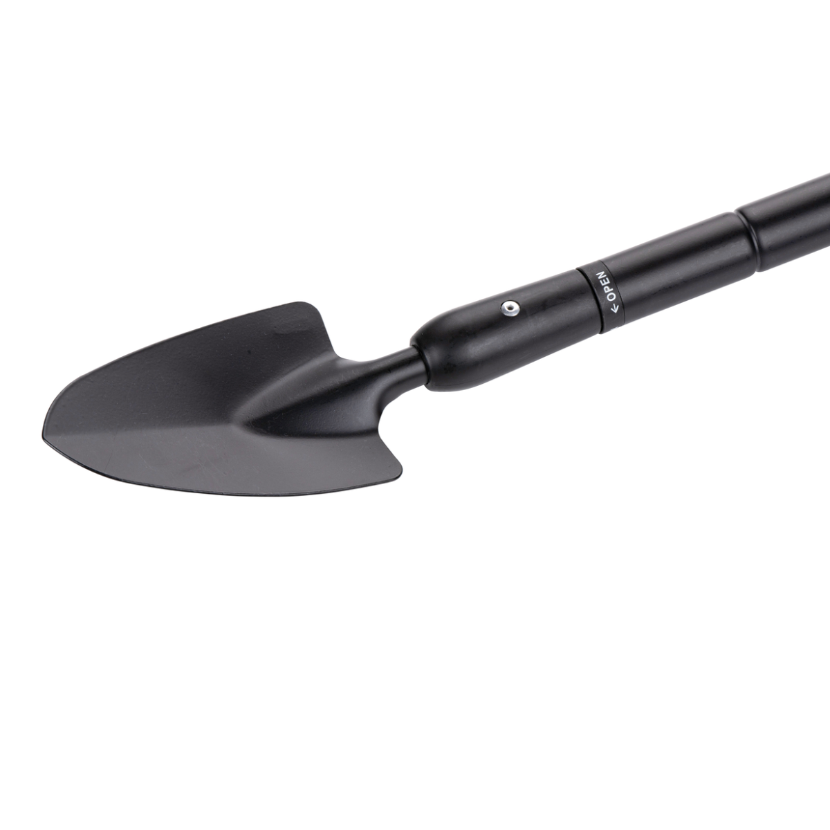 Zwarte troffel, met een zwart handvat. Het handvat heeft een oranje grip.