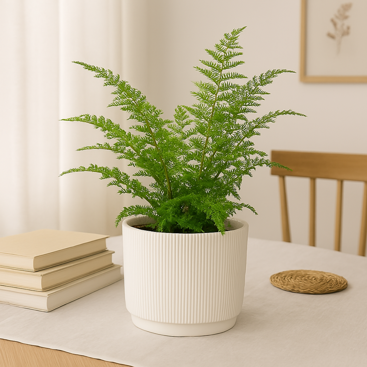 Groene varenachtige plant in witte geribbelde pot. Op een tafel met boeken en een onderzetter.