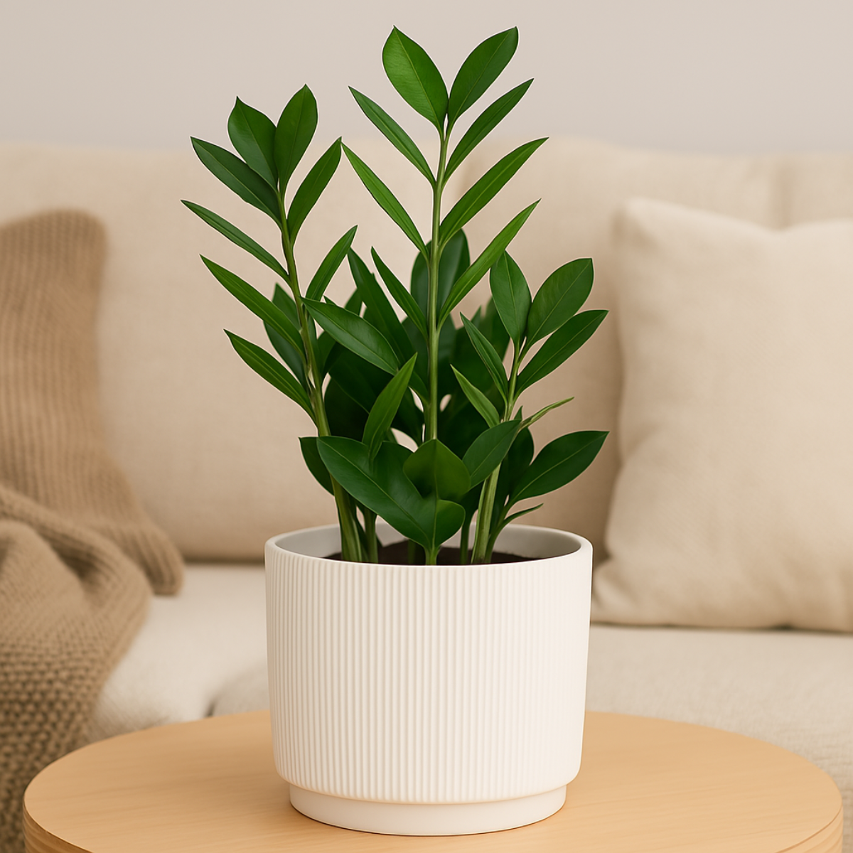 ZZ-plant in een geribbelde witte pot op een ronde houten tafel voor een beige bank.