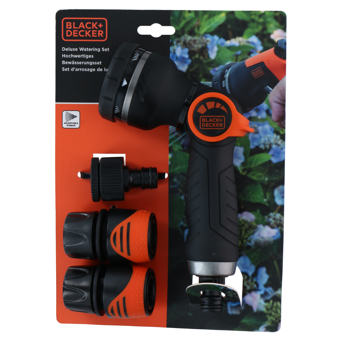 Zwarte en oranje BLACK+DECKER deluxe bewateringsset, met spuitpistool en connectoren.