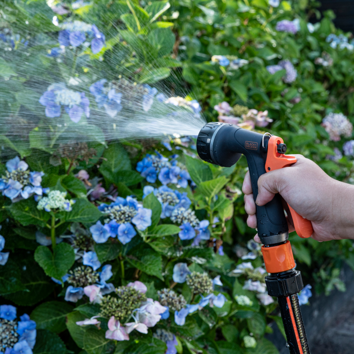 Een hand sproeit water op blauwe en paarse bloemen met een zwart en oranje mondstuk.