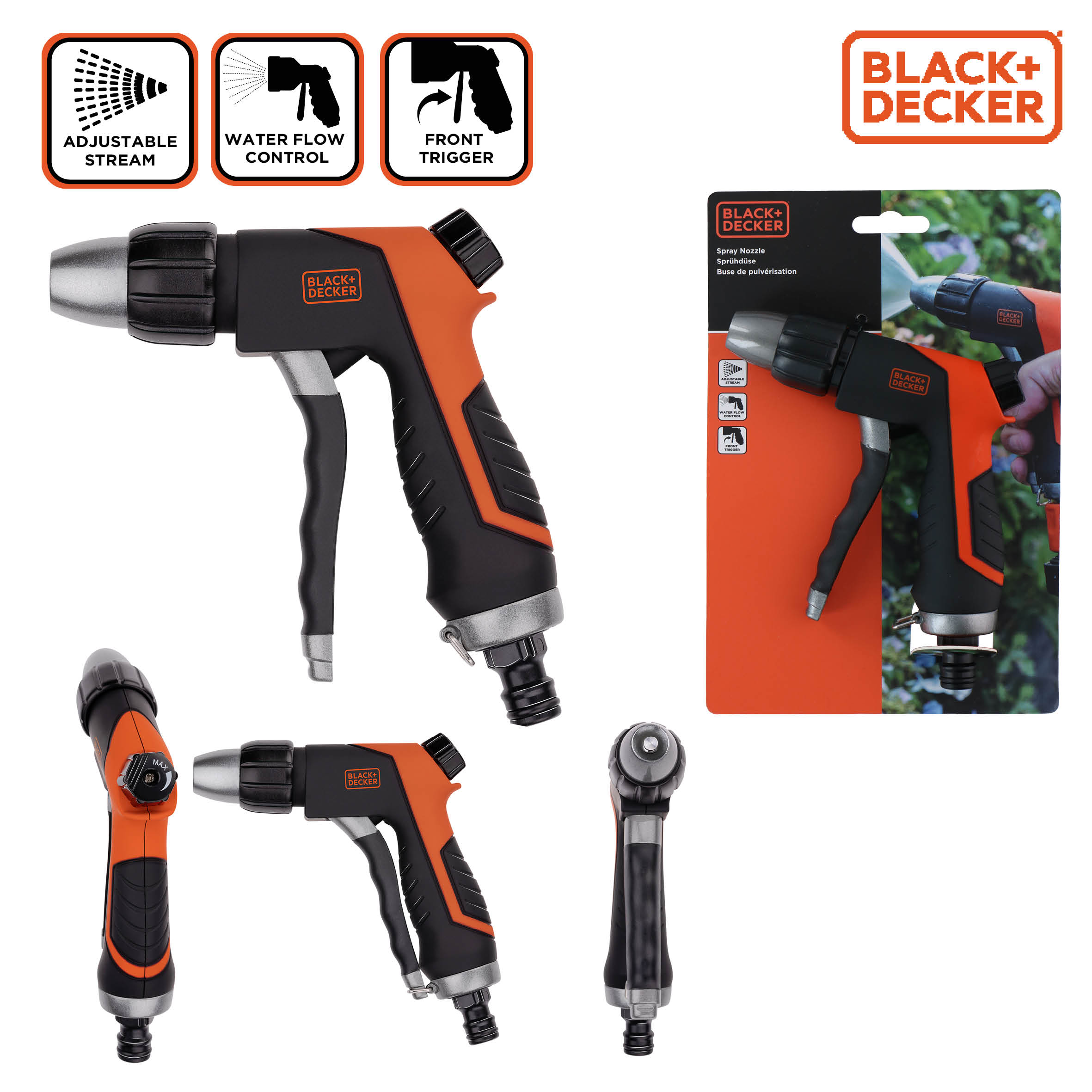 Zwarte en oranje BLACK+DECKER sproeikop. Meerdere weergaven, inclusief verpakking en pictogrammen.